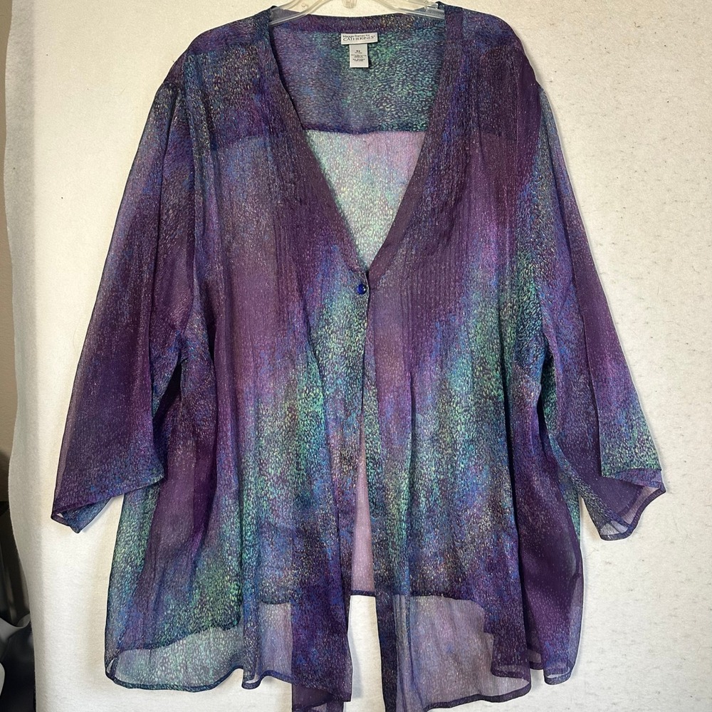Maggie Barnes Catherines 5X Purple Teal Sheer Button Cardigan Top Plus Size - Picture 1 of 4